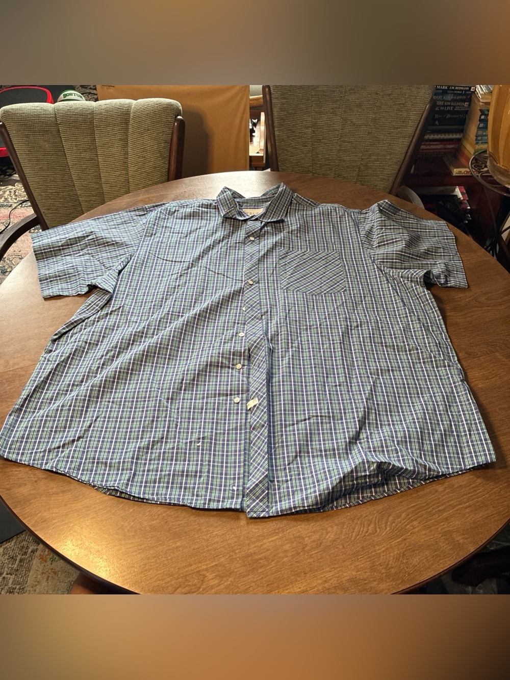 True Nation Shirt Men’s Blue Green White Plaid Woven Cotton 4XL Pockets